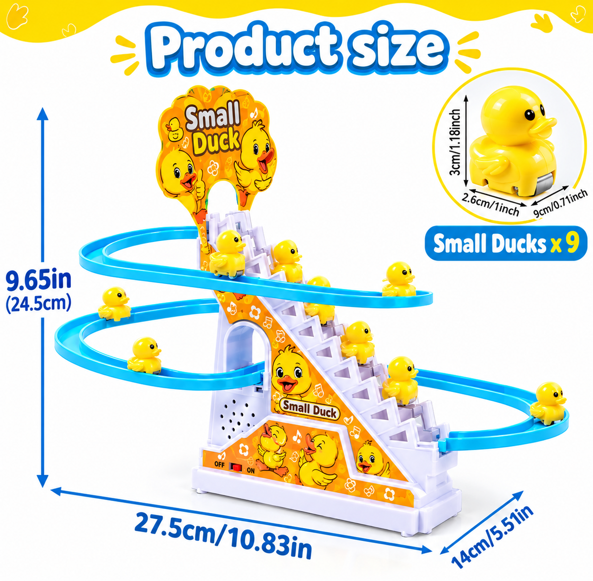 Electric Little Yellow Duck Track Slide Toy | 9 Cute Ducklings with Lights & Music | Automatic Duck Stair Climbing Slide Playset | Interactive Toddler Toy & Fun Gift for Kids