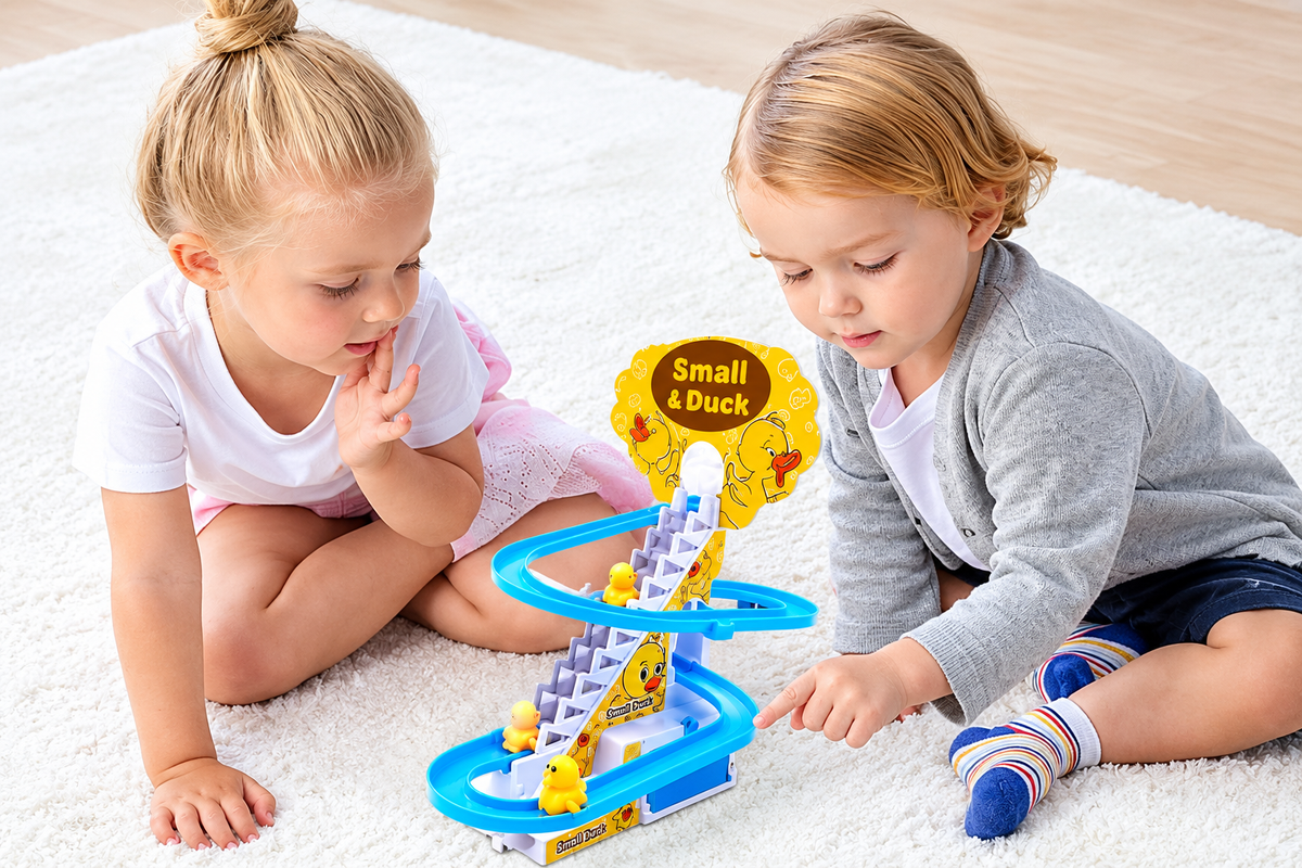 Electric Little Yellow Duck Track Slide Toy | 9 Cute Ducklings with Lights & Music | Automatic Duck Stair Climbing Slide Playset | Interactive Toddler Toy & Fun Gift for Kids