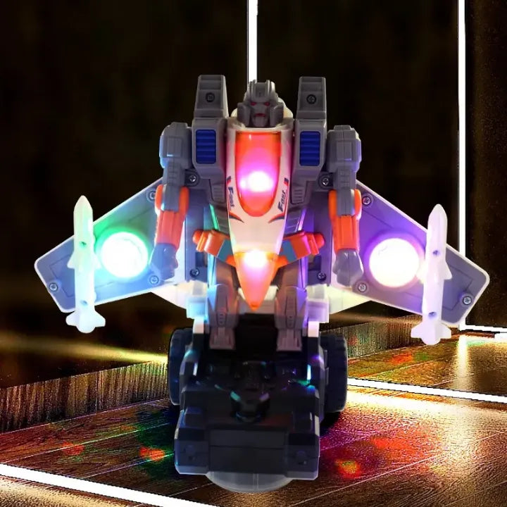 2-in-1 Transformer Jet Robot Toy for Kids – Auto Deformation, Lights, Music & Rotating Stunt