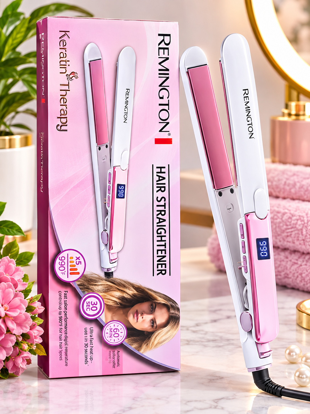 Remington Keratin Therapy Hair Straightener – Wide Plate, Digital Temperature Control, Fast 30 Sec Heat-Up & Auto Shut-Off