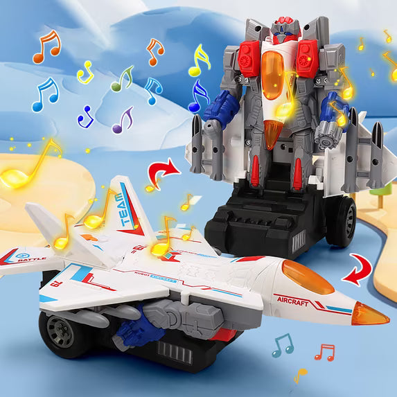 2-in-1 Transformer Jet Robot Toy for Kids – Auto Deformation, Lights, Music & Rotating Stunt