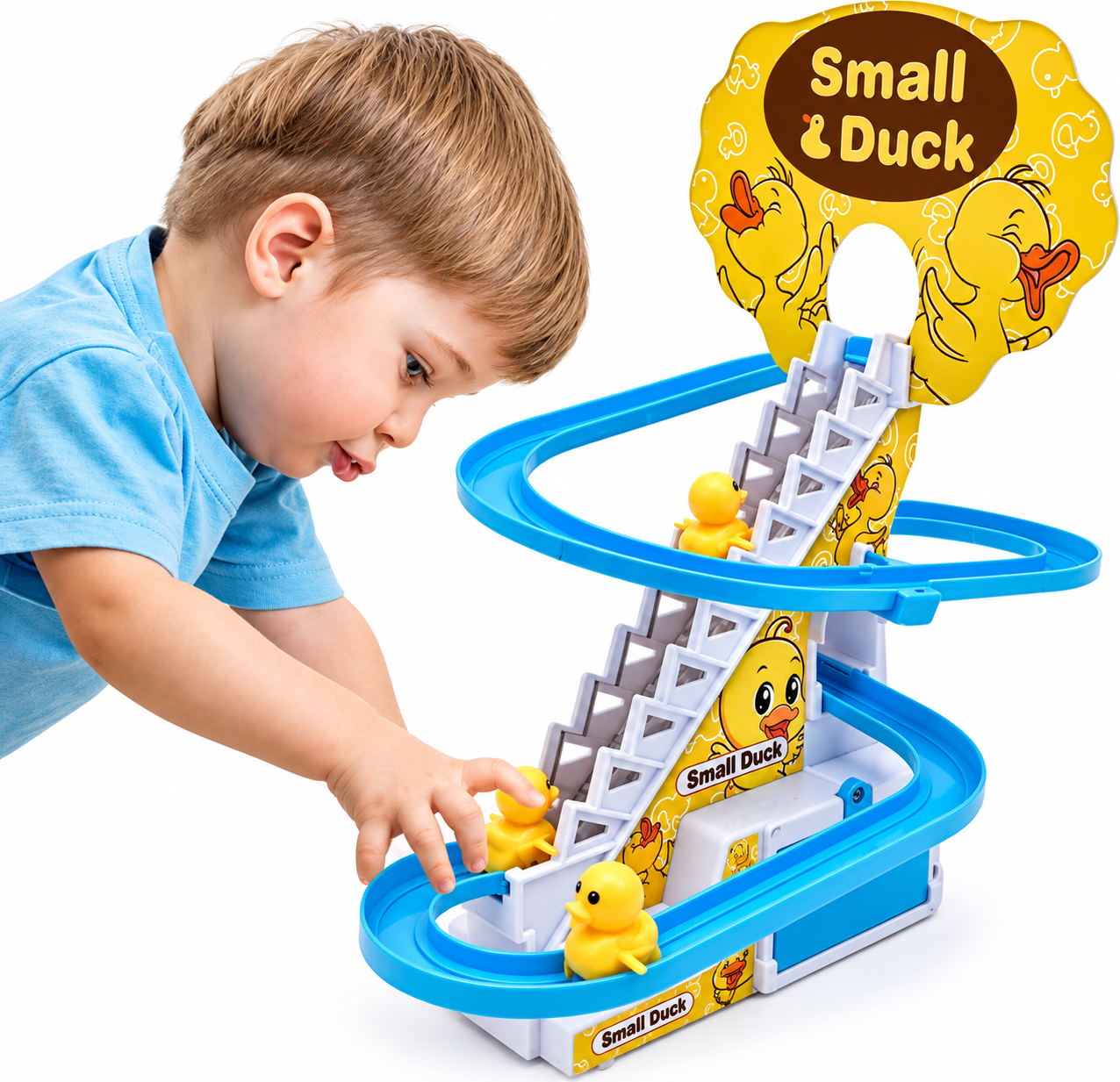 Electric Little Yellow Duck Track Slide Toy | 9 Cute Ducklings with Lights & Music | Automatic Duck Stair Climbing Slide Playset | Interactive Toddler Toy & Fun Gift for Kids