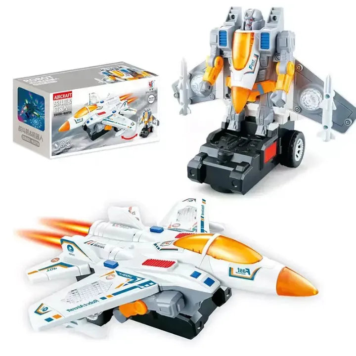 2-in-1 Transformer Jet Robot Toy for Kids – Auto Deformation, Lights, Music & Rotating Stunt