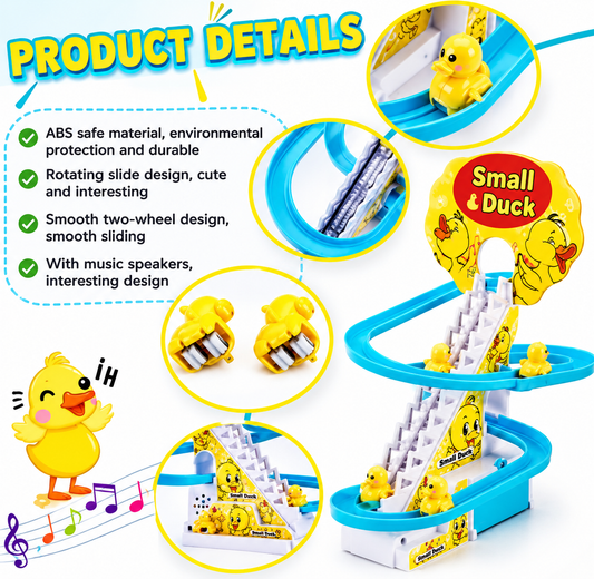 Electric Little Yellow Duck Track Slide Toy | 9 Cute Ducklings with Lights & Music | Automatic Duck Stair Climbing Slide Playset | Interactive Toddler Toy & Fun Gift for Kids